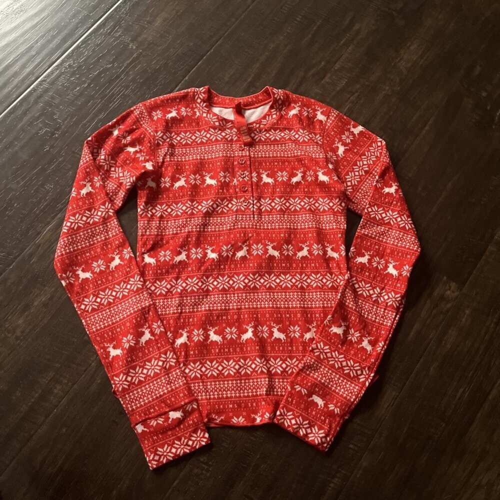SKIMS Logo Plush HOLIDAY Pajama Red Deer Fair Isle Long Sleeve Soft Size Small - Picture 2 of 5